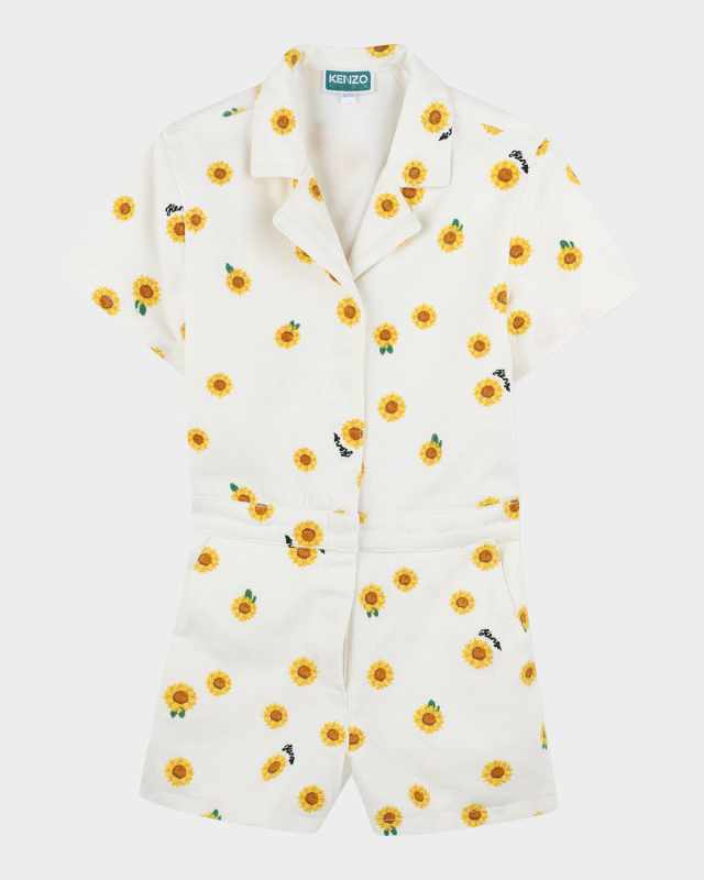 Girl's Embroidered Sunflower-Print Romper, Size 6-12